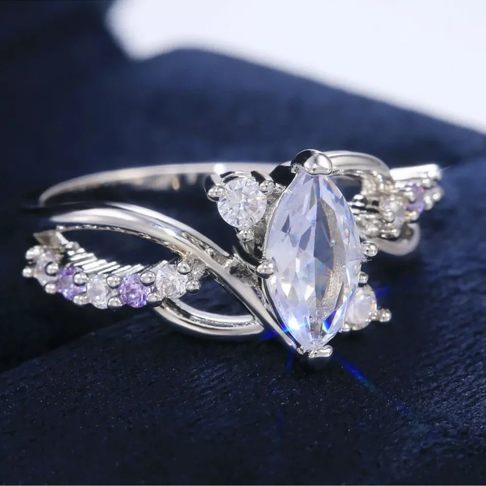 Elegant 925 Silver Jewelry Women Marquise Cut Cubic Zirconia Party Rings - Picture 3 of 5